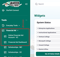 MyVCCCD portal navigation highlighting the link forFinancia Aid Dashboard