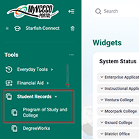 MyVCCCD portal navigation highlighting the link for Program of Study and College