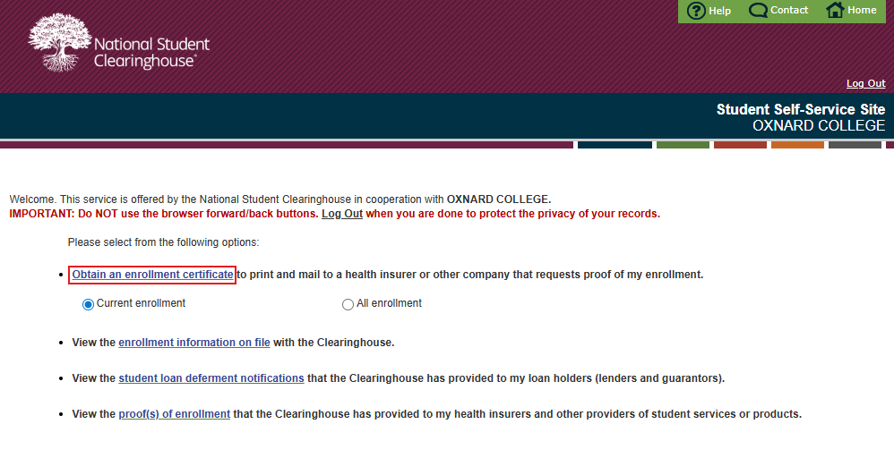 National Student Clearinghouse self-service page and links
