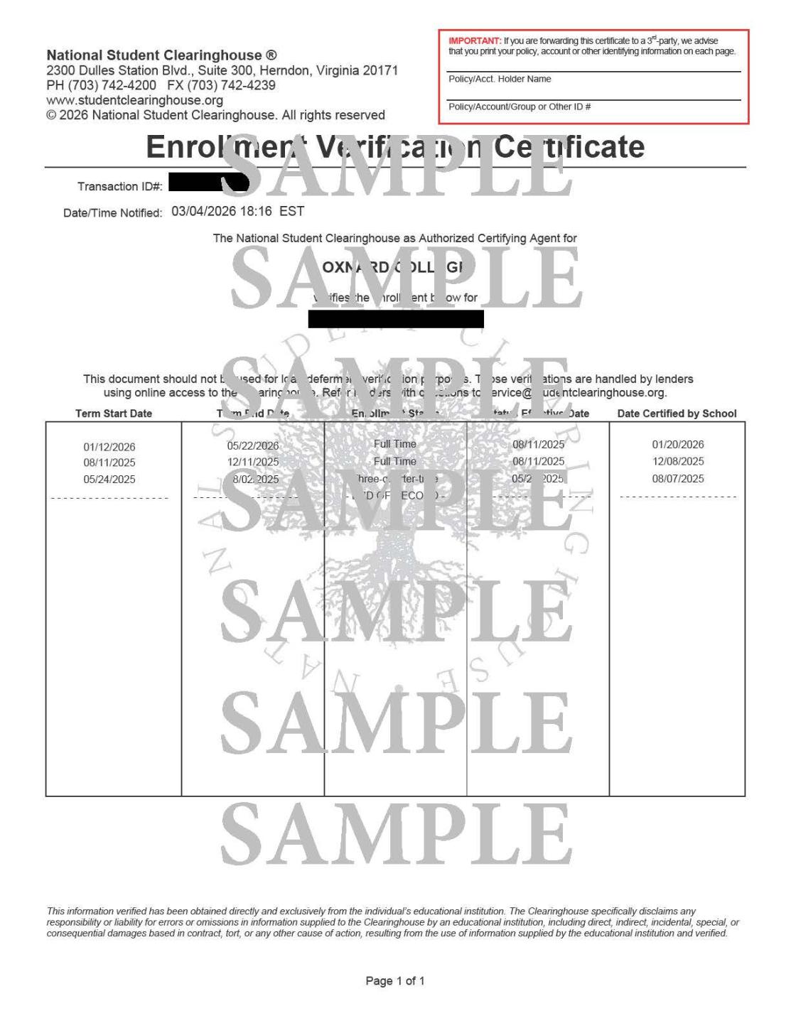 National Student Clearinghouse enrollment verification