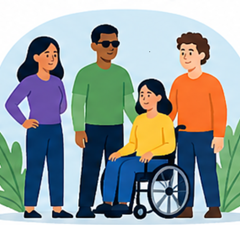 Four students of various races, one of whom is in a wheelchair, hang out