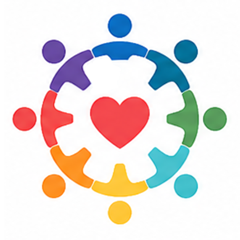 Iconographic people holding hands in a rainbow circle with a heart in the middle