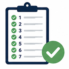 A piece of paper on a clipboard with seven listed items checked off
