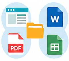 Five icons representing a Folder, the Web, Word, Excel, and a PDF