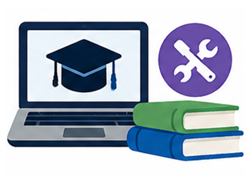 A laptop showing an image of a graduation cap next to a stack of two books and an icon of a wrench