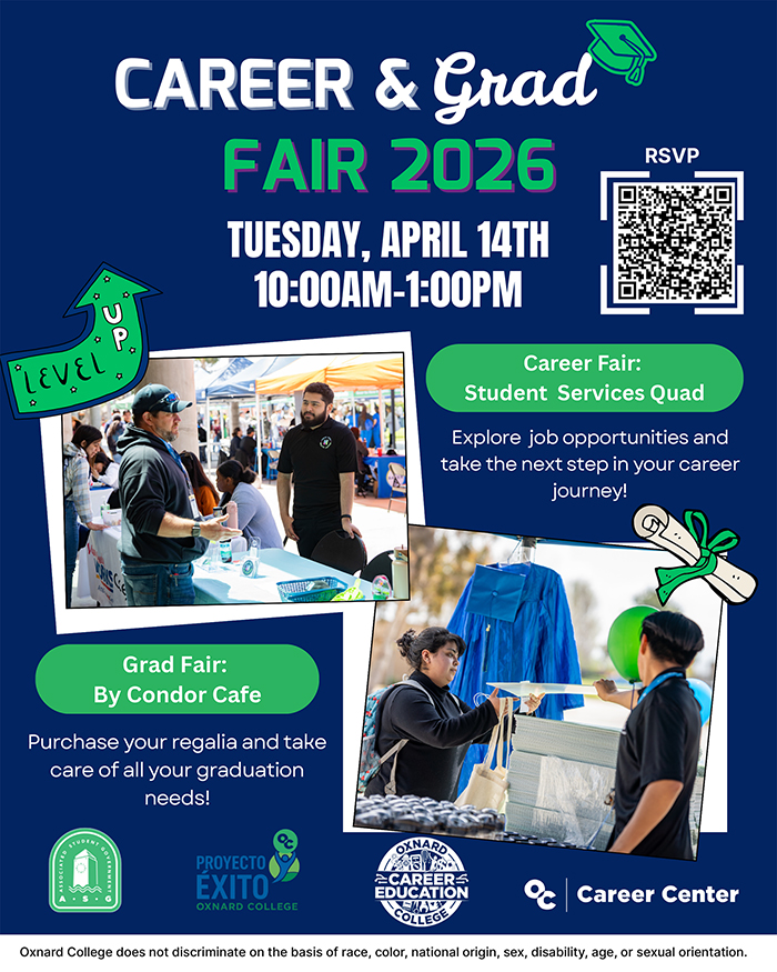 Career and Grad Fair on Tuesday, April 14th from 10am - 1pm in the Student Services Quad area. 
