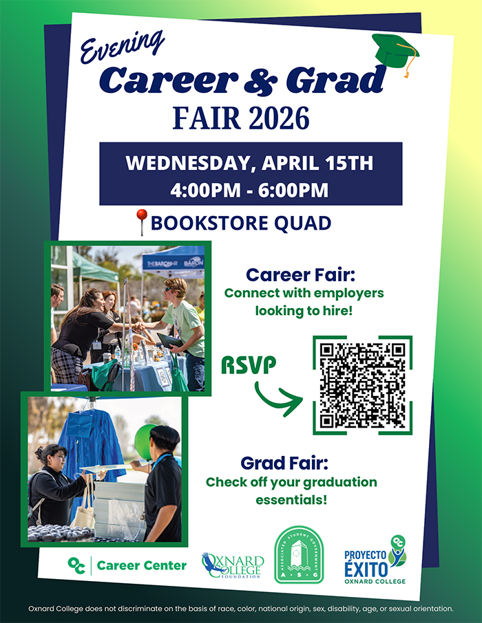 Don’t miss the Evening Career and Grad Fair on Wednesday, April 15th from 4:00pm - 6:00pm in the Bookstore quad area. 