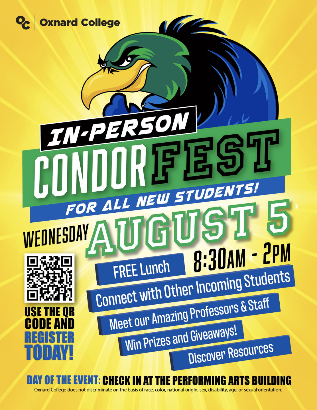CondorFest 2026 event Wednesday, August 5th, 8:30 AM-2:00 PM. Connect with new students, free food, meet professors, discover resources and win prizes. Check-in at the Performing Arts Center.