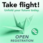 Take flight! Unfold your future today. Open Registration. OC logo.