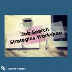 blue background with image overlay displaying a laptop, coffee cup, and spiral notebook. Text that reads: Job Search Strategies Workshop OC Career Center