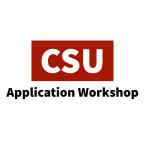 text reads: CSU in white font with red box and Application Workshop in black font below box