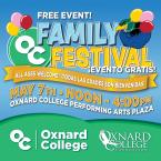 Illustration of a blue sky with green hills. A green circle with OC and the Condor mascot hold balloons in yellow, pink, and red. Text says "Free event! OC Family Festival ¡Event Gratis! All ages welcome! ¡Today las eddies son bienvenidas! May 7th Noon 4pm Oxnard College Performing Arts Plaza."