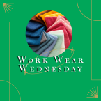 green background with gold geometric shapes and lines that create framing around center of image. Round image in center with fabric swatches in yellows, pinks, reds, pink, blues, and browns. Text below image states "Work Wear Wednesday".