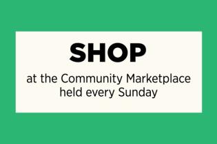green background with Shop at the Community Marketplace held every Sunday