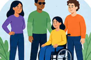 Four students of various races, one of whom is in a wheelchair, hang out