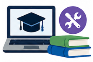 A laptop showing an image of a graduation cap next to a stack of two books and an icon of a wrench