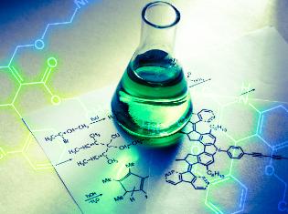 chemistry beaker and diagram of molecules