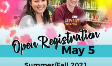 Two college students smiling and text that reads: Open Regis