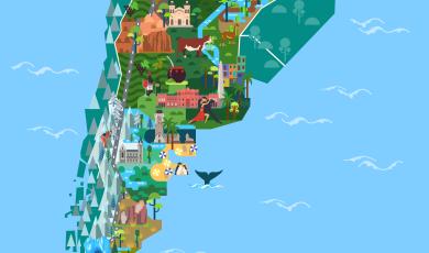 Illustrated map of Argentina with landmarks. Text on the bot Illustrated map of Argentina with landmarks. Text on the bot