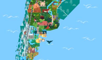 Illustrated map of Argentina with landmarks. Text on the bot