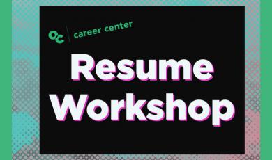 green and pink tie dye background with text box, stating Resume Workshop