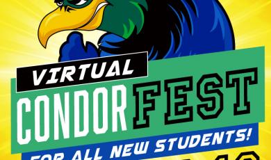 Illustrated OC Condor mascot with text that reads: Virtual Condor Fest For all new students! Aug. 12