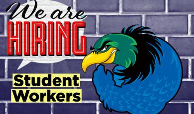 Oxnard College condor logo with "we are hiring" text above and "student workers" in yellow text box