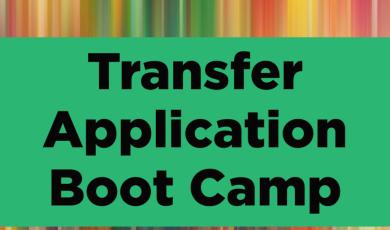 rainbow vertical stripes in background with "Transfer Application Boot Camp" in black font with green rectangle behind text.