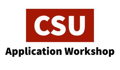 text reads: CSU in white font with red box and Application Workshop in black font below box