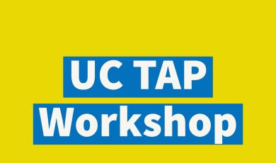 yellow background with white lettering reading: OC TAP Workshop. Lettering has blue band surrounding lettering.