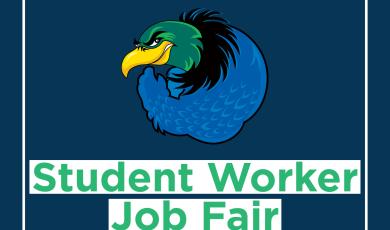 Oxnard College condor with text in green stating: Student Worker Job Fair. Dark navy blue background with white square surrounding OC condor logo and text.