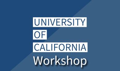 dark navy blue triangle in left corner side of square image and light blue triangle in opposite orientation on bottom right side of image to create a square. Text states "University of California" in blue font with white square bar shape surrounding text. The word "Workshop" below in white font with black shadow behind text.