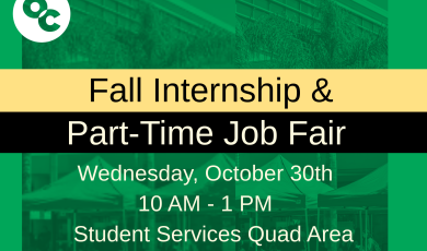 image of Oxnard College Student Services Building duplicated and positioned side-by-side. Green filter overlay for images. Text states: Fall Internship & Part-Time Job Fair. Wednesday, October 30th. 10am - 1pm. Student Services Quad Area.