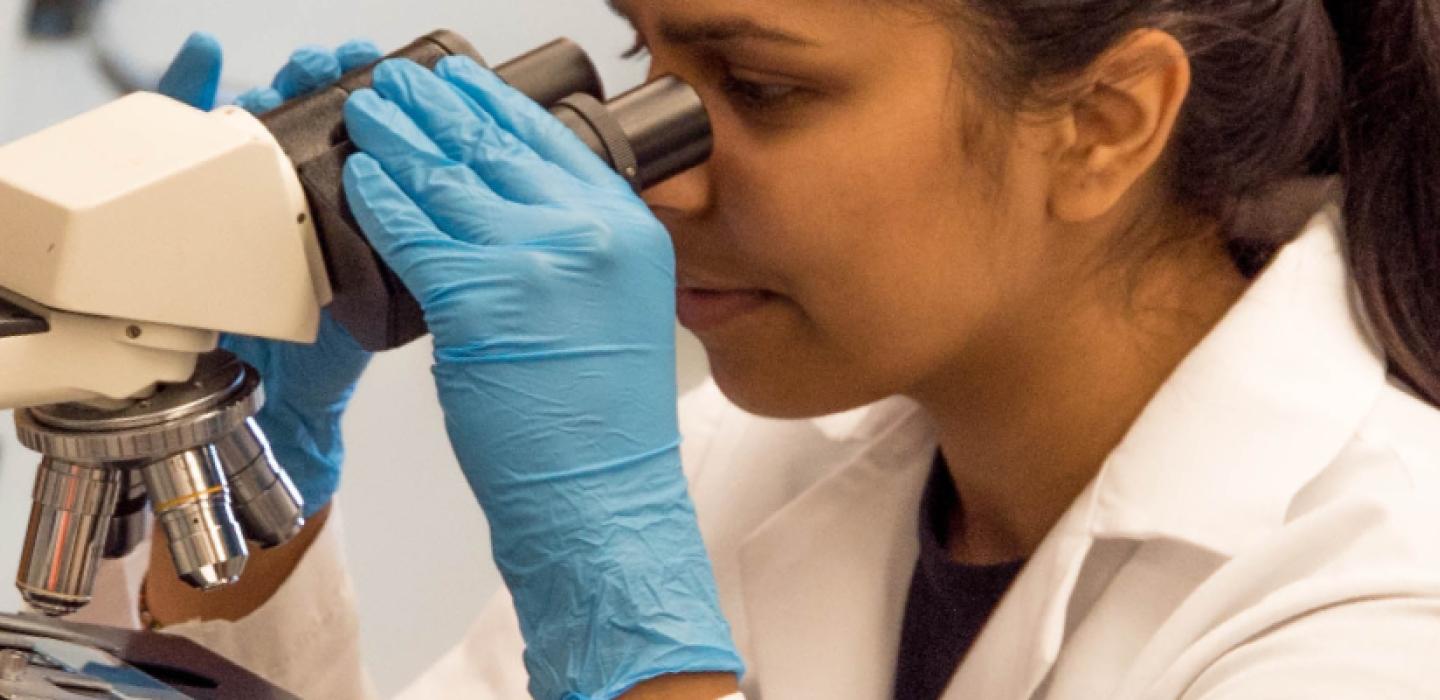 woman looking into a microscope