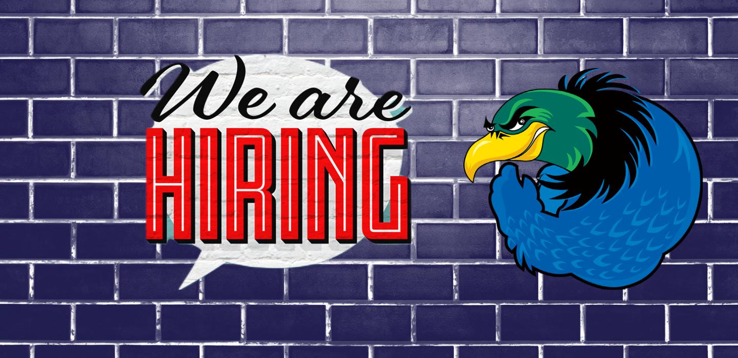 blue brick background with Oxnard College condor logo on right side and "We are hiring" text on left side of image