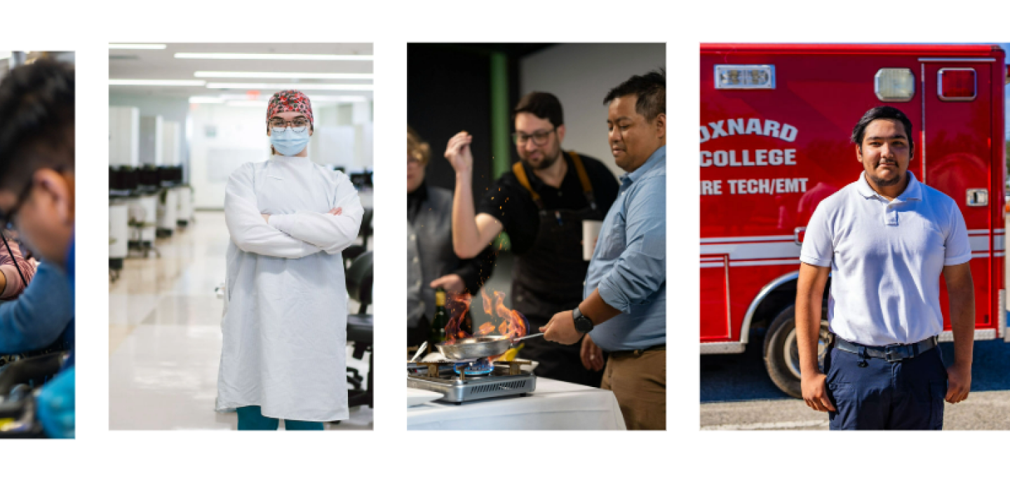 four photos spaced out evenly to create hero banner. First photo of two students working on a car engine in Auto Tech. Second photo of female student standing in Dental Hygiene work space with white coat and face mask. Third photo of Chef Hart and Culinary faculty conducting cooking demonstration with flames showing from fry pan. Fourth photo of Fire Program student standing in front of Oxnard College fire truck.