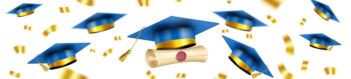 Falling blue graduation caps and gold confetti.