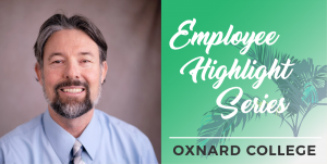 Graphic with a portrait of Jonas Crawford, palm trees in the background and text that reads: Employee Highlight Series Oxnard College